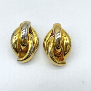 Chunky‎ Two Tone Interlocking Clip On Earrings Gold Silver Tone Statement